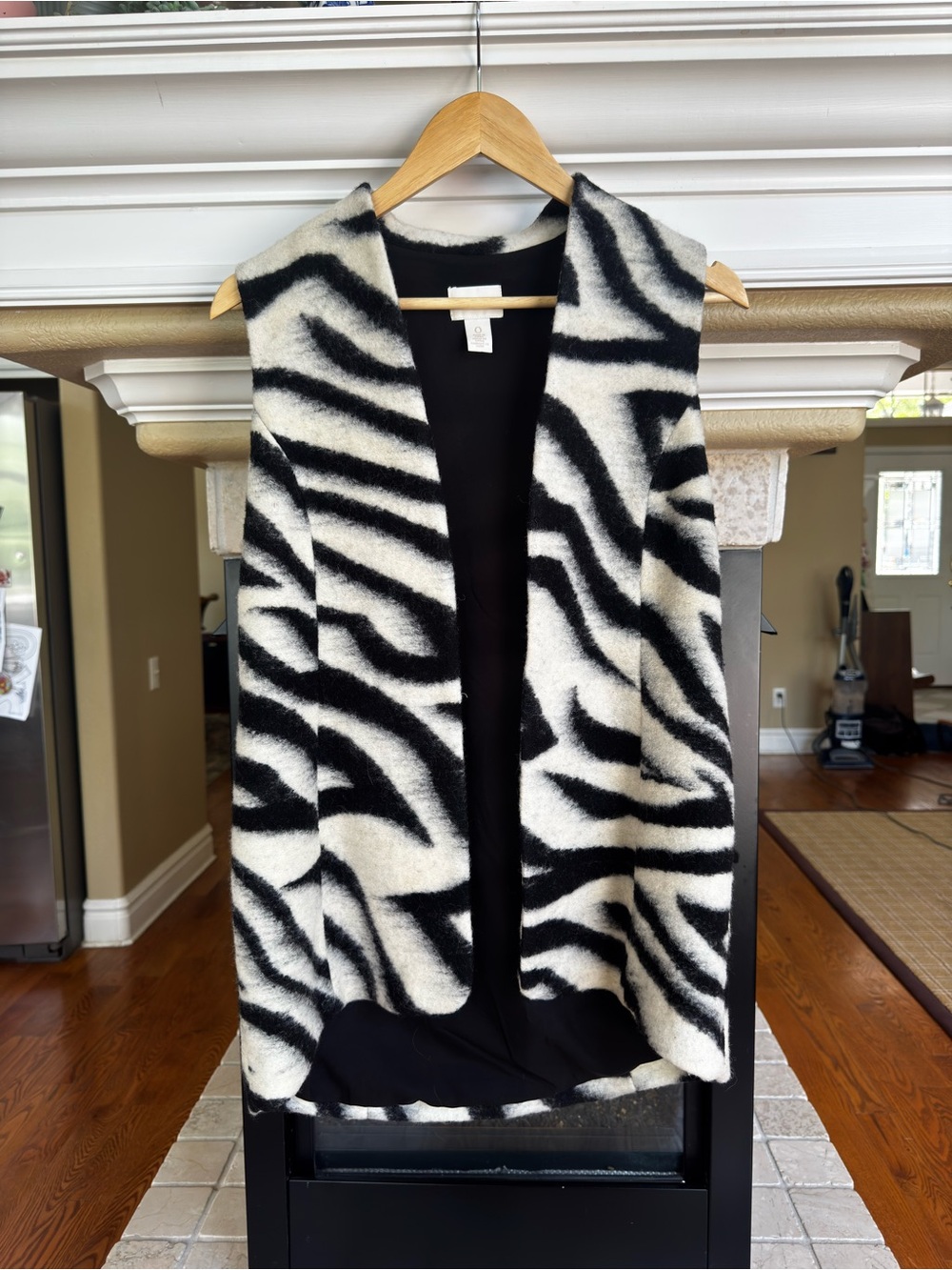 Chico's Wool Zebra Print‎ Open Front Long Layering Vest Art to Wear Boho Small